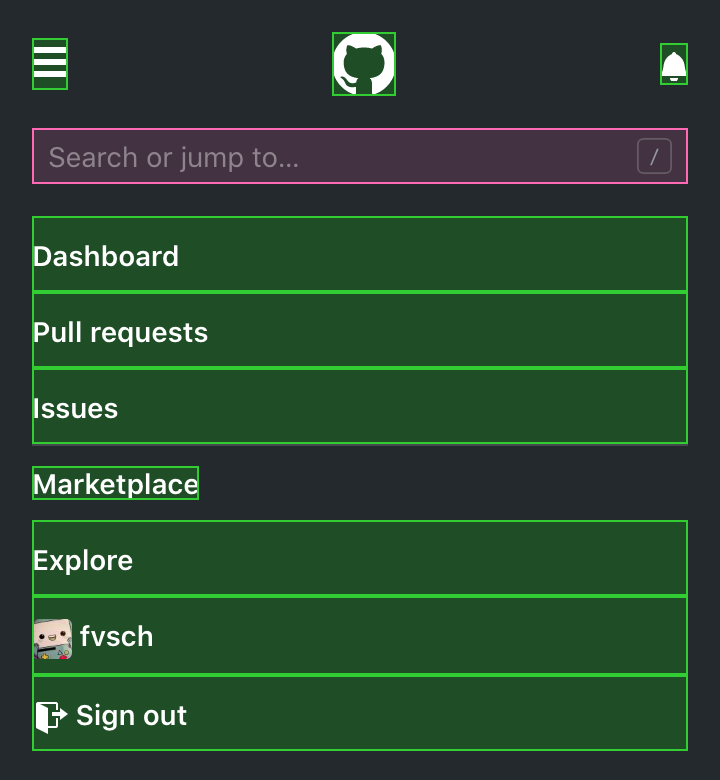 Capture d’écran du menu mobile de github.com