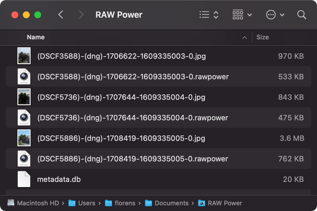 The RAW Power folder, which stores JPEG previews and development data with a .rawpower extension