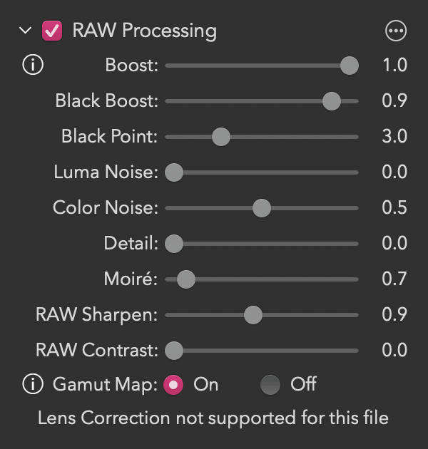 The RAW Processing controls, with sliders such as Boost, Black Point, Luma Nose, Color Noise, Moiré, and RAW Sharpen