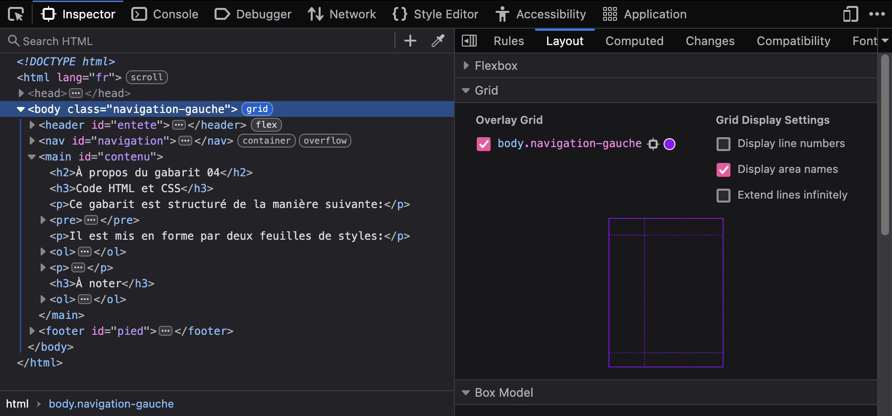 Capture d’écran de l’outil Inspecteur des outils pour développeurs de Firefox, montrant un aperçu du code HTML de la page et un aperçu schématique de la grille de mise en page avec 2 colonnes