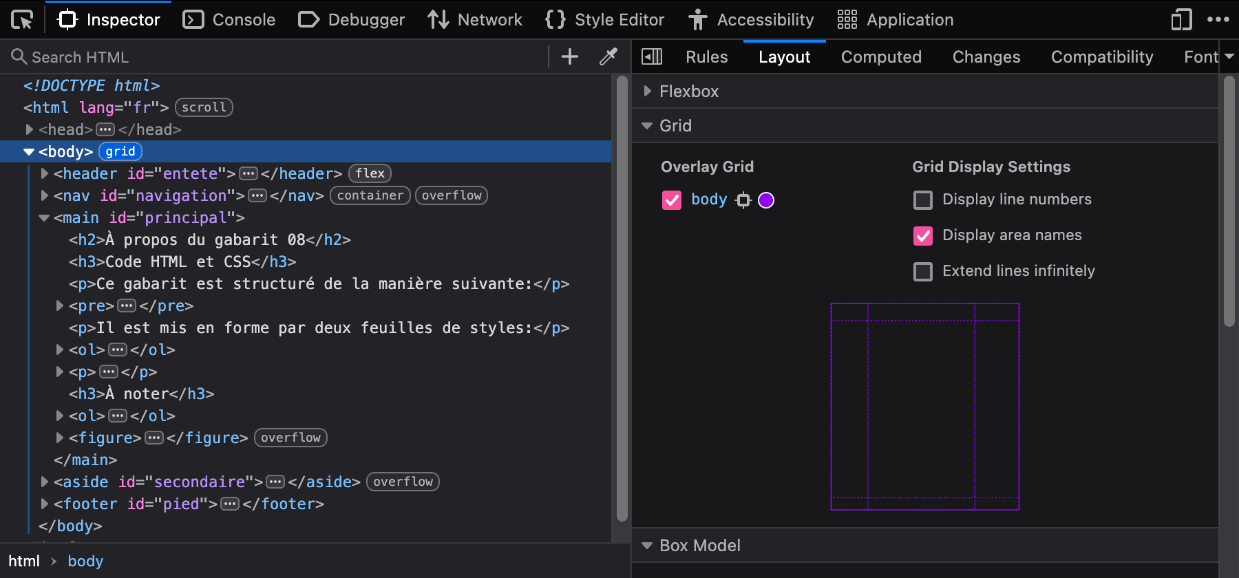 Capture d’écran de l’outil Inspecteur des outils pour développeurs de Firefox, montrant un aperçu du code HTML de la page et un aperçu schématique de la grille de mise en page avec 3 colonnes